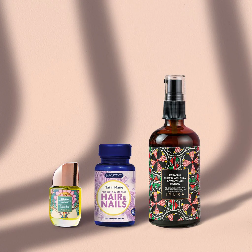 Complete Hair and Nail Beauty Set -  Keranya Hair Oil, Sabala Nail and Cuticle Oil and Nail n Mane Dietary Supplement
