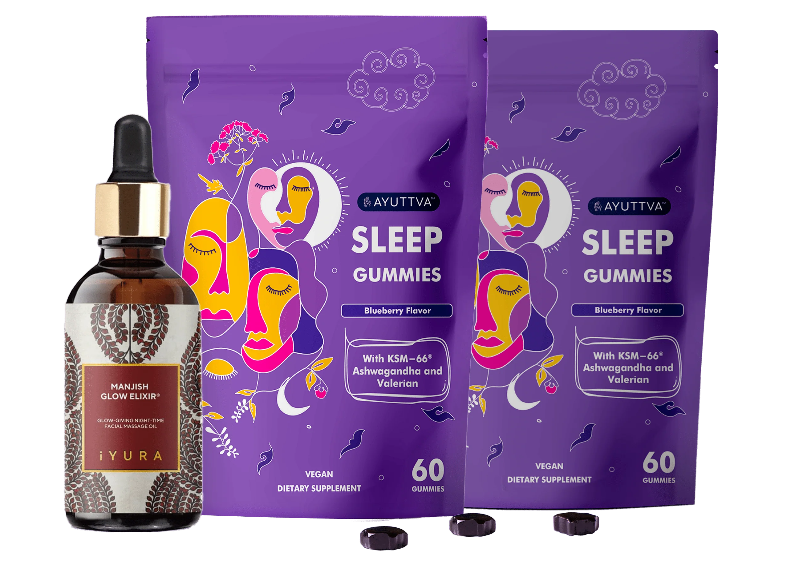 Nighttime Retreat Bundle for Women - Sleep gummies (Pack of 2) + Manjish Glow Elixir - Ayurvedic Night-Time Face Oil