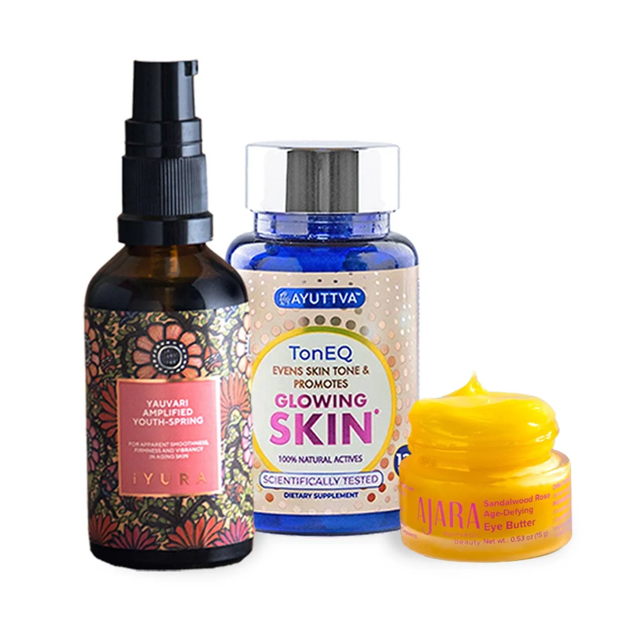 The Ultimate Beauty Trio - Yauvari Amplified Youth Spring - Best Face Moisturizer for Dry Skin, Aging or Mature Skin+ TonEQ + Sandalwood Rose Age Defying Eye Butter